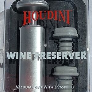Houdini Wine Preserver Vacuum Pump Grey Leak Proof with 2 Stoppers Push Button